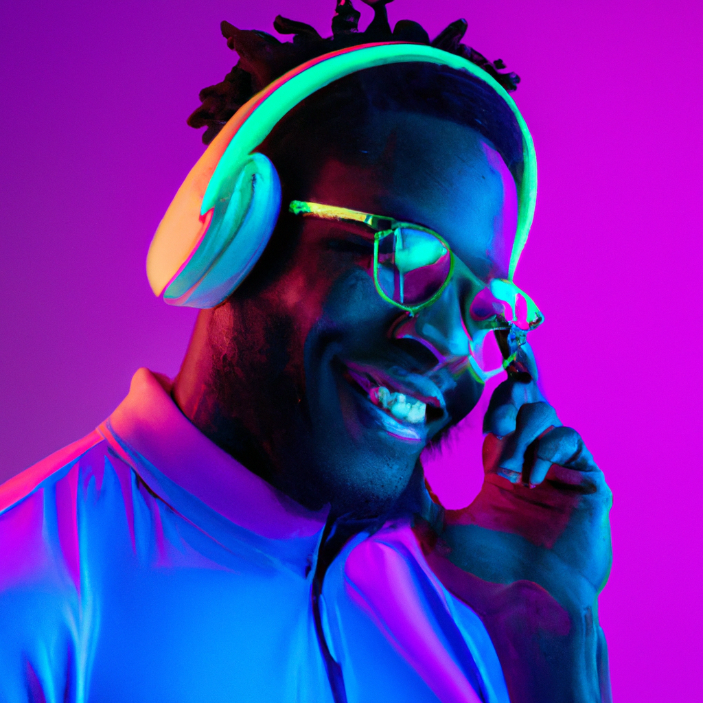 Cheerful Black Guy In Stylish Eyeglasses Enjoying Listening Music In Wireless Headphones, purple neon background Cheerful Black Guy In Stylish Eyeglasses Enjoying Listening Music In Wireless Headphones, purple neon background